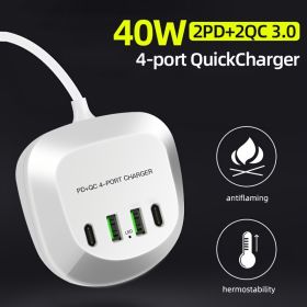 40W USB Fast Charger 4 Port -2PD Port 20W Fast Charging Station PD+QC3.0 Compatible With All Smartphones And Iphone/ipad/Samsung/; Android; Other USB