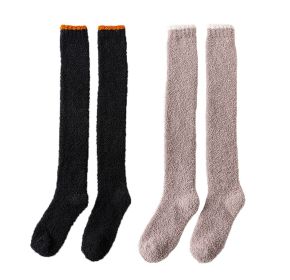 2 Pairs Soft Fuzzy Over Knee Stockings Thigh High Slipper Socks For Womens, Black and Khaki