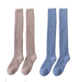 2 Pairs Soft Fuzzy Over Knee Stockings Thigh High Slipper Socks For Womens, Khaki and Blue