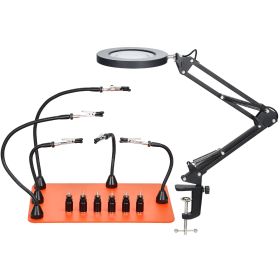 Magnetic Helping Hands Soldering Station, 2-In-1 Third Hand Soldering Tool - 3X LED Magnifying Lamp & 5 Flexible Arms, 6 PCB Holders