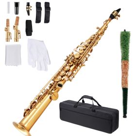 Straight Soprano Saxophone, B Flat, Brass Saxophone Beginner Kit with Carrying Case, Mouthpiece, Cleaning Cloth Rod, Gloves, Neck Strap