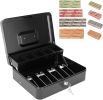 Cash Box with Key Lock and Money Tray - Metal Money Box for Cash Register, Large Cash Lock Box for Money Safe with 100PCS Coin Wrappers Assorted